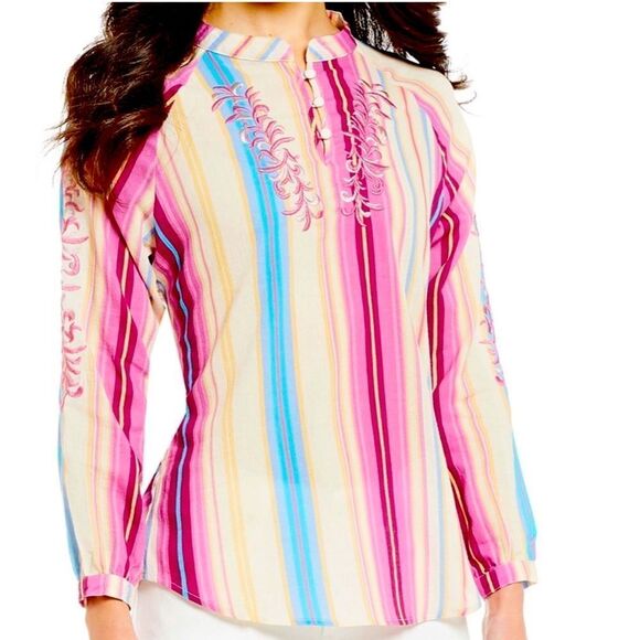 Reba Embroidered Mixed Stripe Long Sleeve Shirt Size Large - Picture 1 of 6
